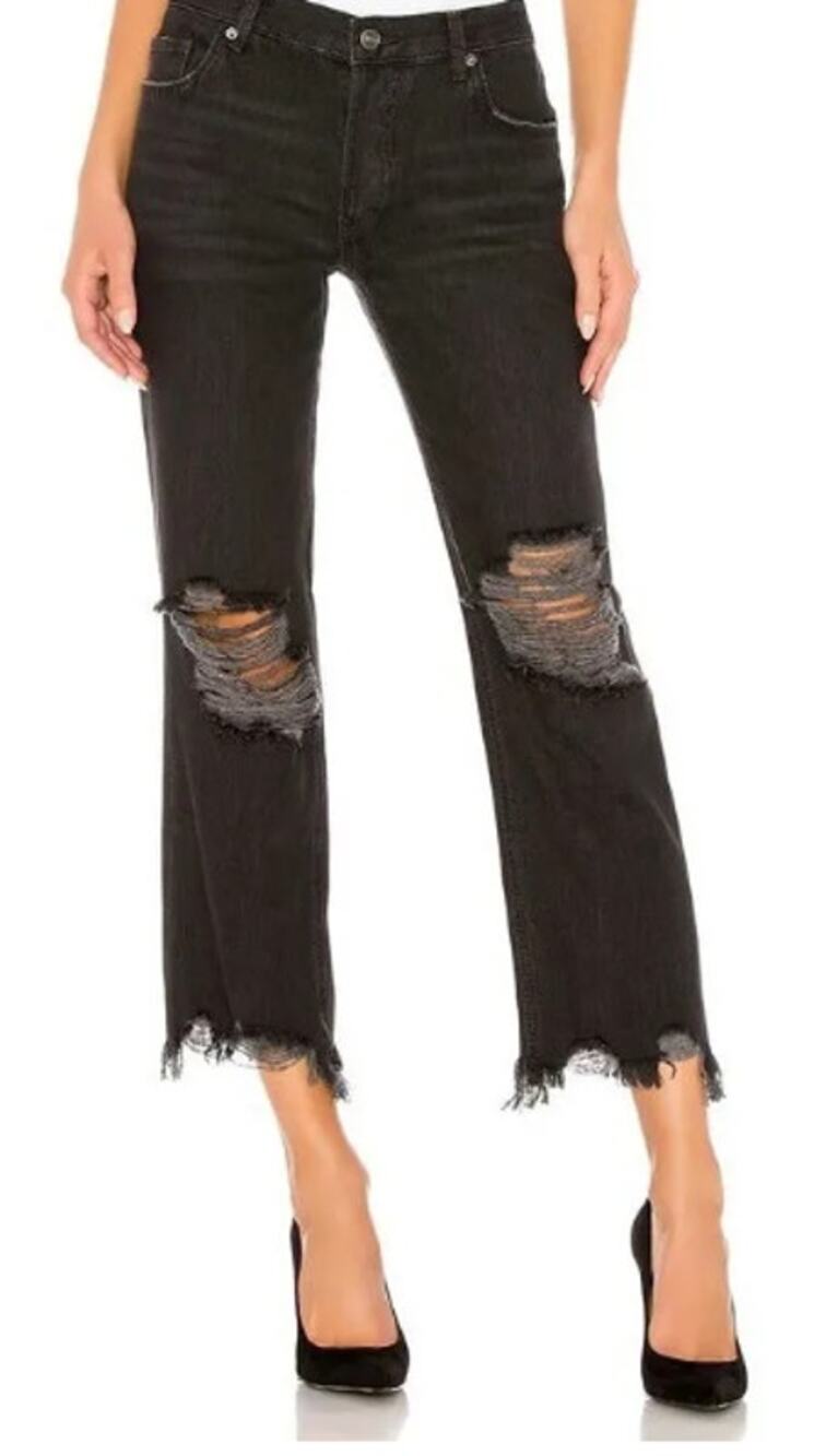 Free People We the Free Maddie Midrise Straight Distressed Jeans Washed Black 28